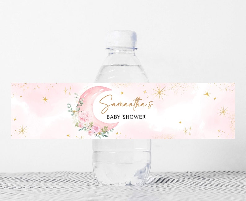 Editable Pink Moon and Stars Baby Shower Bottle Label, We Are the Moon ...