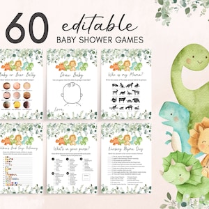 Dinosaur Baby Shower Games Bundle, Dino Baby Shower Game Pack, Greenery Baby Shower Activity Gender Neutral Printable Template 0207