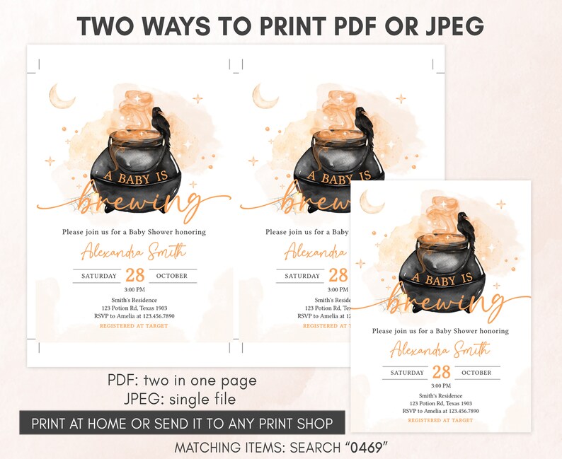 Editable A Baby is Brewing Halloween Baby Shower Invitation Bundle, Gender Neutral Halloween Baby Shower Invite Set, Witch Invitation 0469 image 4