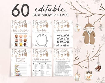 May include: A collection of 60 editable baby shower games with a winter theme. The games include "Baby or Beer Belly?", "Draw Baby", and "Nursery Rhyme Quiz". Decorative elements include hanging ornaments and a baby onesie.
