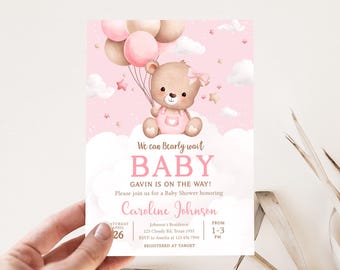 Editable We Can Bearly Wait Baby Shower Invitation, Pink Bear Baby Shower Invite, Girl Bear Balloon Invite, Boho Baby Shower Invite, 01105