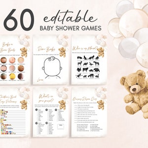 編集可能なクマのバルーン ベビーシャワー ゲーム バンドル、We Can Bearly Wait テディベア ベビーシャワー ゲーム パック、性別を問わないブラウンベア ゲーム 0419