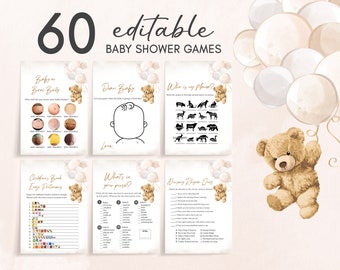 Editable Bear Balloons Baby Shower Games Bundle, We Can Bearly Wait Teddy Bear Baby Shower Game Pack, Gender Neutral Brown Bear Games 0419