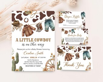 Editable A Little Cowboy Baby Shower Invitation Bundle, Cowboy Baby Clothes Rodeo Baby Shower Invite, Wild West Western Baby Shower, 01039