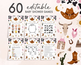 Bewerkbare bundel cowgirl-babyshowergames, kleine cowgirl rodeo-babyshowergamepakket, roze Western Wild West-babyshowerspelsjabloon 0728