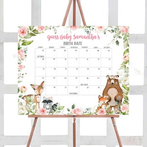 Bearbeitbarer Blumenwald-Babyparty-Fälligkeitskalender, Waldtier-Babypartykalender, Mädchen-Waldwaldtier-Kalender 0398