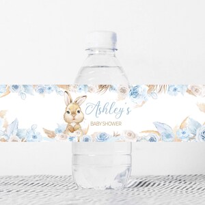 Editable Boy Rabbit Baby Shower Bottle Label, Blue Boho Rabbit Baby Shower Water Label, Pampas Grass Boy Bunny Water Bottle Stickers, 0611 image 1