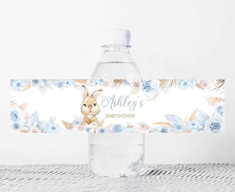 Editable Boy Rabbit Baby Shower Bottle Label, Blue Boho Rabbit Baby Shower Water Label, Pampas Grass Boy Bunny Water Bottle Stickers, 0611 image 1