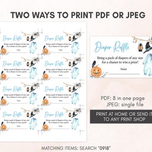 Puede incluir: Tarjeta de rifa de pa&ntilde;ales para baby shower con tem&aacute;tica de Halloween. El dise&ntilde;o presenta una calabaza, telara&ntilde;a, body de beb&eacute; y el texto "Diaper Raffle". Disponible en formatos PDF y JPEG.
