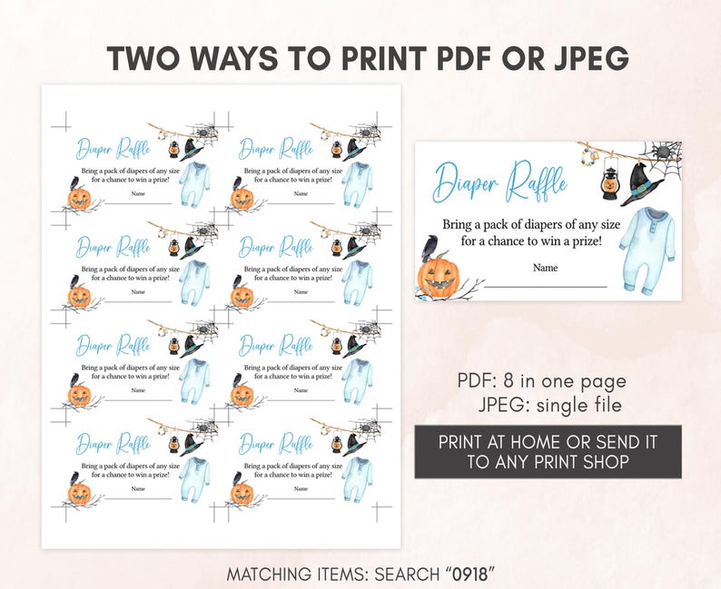 Puede incluir: Tarjeta de rifa de pa&ntilde;ales para baby shower con tem&aacute;tica de Halloween. El dise&ntilde;o presenta una calabaza, telara&ntilde;a, body de beb&eacute; y el texto "Diaper Raffle". Disponible en formatos PDF y JPEG.