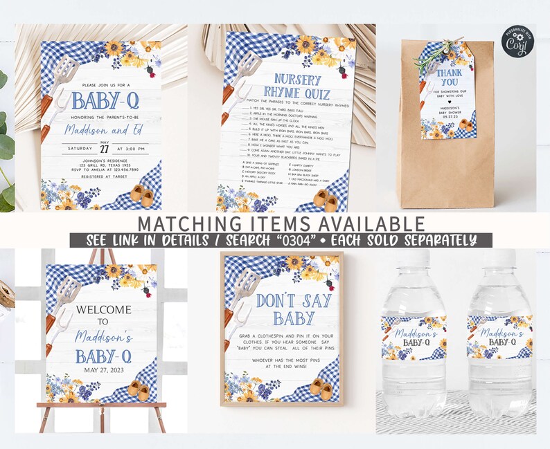 May include: A set of printable baby shower party decorations with a blue and white gingham pattern, sunflowers, and a baby shoe theme. The set includes a welcome sign, a don't say baby game, a nursery rhyme quiz, a thank you tag, and water bottle labels. The text on the welcome sign reads "Welcome to Maddison's Baby-Q May 27, 2023".