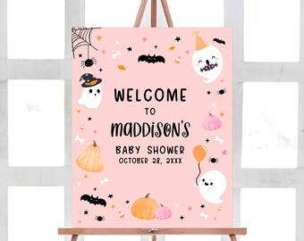 Letrero de bienvenida editable de Halloween rosa A Little Boo Baby Shower, cartel de bienvenida de baby shower fantasma rosa, letrero de baby shower de Halloween para niña, 0516