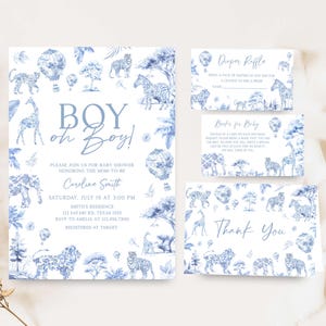 Editable Toile de Jouy Safari Baby Shower Invitation Bundle, Safari Toile Baby Shower Invite Set, Blue Chinoiserie Boy Shower Invite, 01072