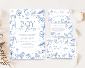 Editable Toile de Jouy Safari Baby Shower Invitation Bundle, Safari Toile Baby Shower Invite Set, Blue Chinoiserie Boy Shower Invite, 01072