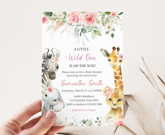 Editable Wild One Girl Safari Baby Shower Invitation, Floral Jungle Baby Shower Invite, Greenery Jungle Safari Animals Invites Template 0383