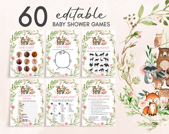 Bewerkbare roze bloemen bos babyshower spelletjes bundel, meisje bos dieren babyshower game pack, groen bloemen babyshower spel, 0295