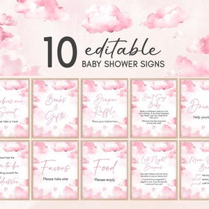 Editable On Cloud 9 Baby Shower Table Sign, Pink We&#39;re On Cloud Nine Baby Shower Bundle Sign, Baby Girl Cloud Baby Shower Mom Osa Sign 01103