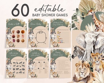 Pacote de jogos de chá de bebê editável Boho A Little Wild One, pacote de jogos de chá de bebê Boho Safari Jungle, jogos de chá de bebê Safari Animals, 0517