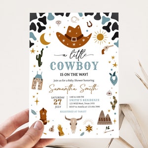 Editable Little Cowboy Baby Shower Invitation, Blue Wild West Baby Shower Invite, Country Western Rodeo Baby Shower Invitation Template 0724