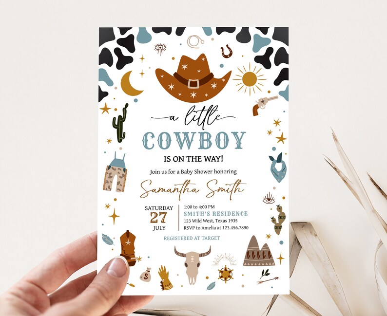 Editable Little Cowboy Baby Shower Invitation, Blue Wild West Baby Shower Invite, Country Western Rodeo Baby Shower Invitation Template 0724 image 1