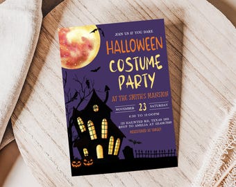 May include: Purple Halloween party invitation with a black silhouette of a haunted house with glowing windows. The invitation includes the text "JOIN US IF YOU DARE HALLOWEEN COSTUME PARTY AT THE SMITH'S MANSION NOVEMBER 23 SATURDAY 6:00 TO 10:00PM 123 HAUNTED RD, TEXAS 1935 RSVP TO AMELIA AT 123.456.7890 REGISTERED AT TARGET".