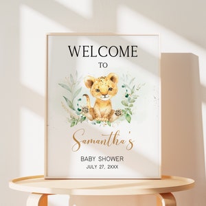 Editable Lion Baby Shower Welcome Sign, Greenery Lion Safari Baby Shower Welcome Poster, Gender Neutral Lion Jungle Baby Shower Sign, 0734