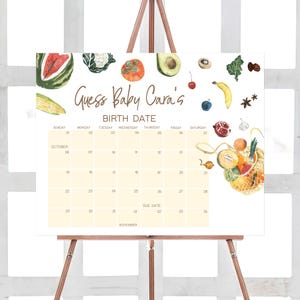 Bearbeitbarer Lokal gewachsener Babyparty-Fälligkeitsdatumskalender, Bauernmarkt-Babypartykalender, Gemüse Geschlechtsneutrales Babypartyspiel, 0958