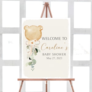 Editable Bear Baby Shower Welcome Sign, Teddy Bear Baby Shower Welcome Poster Gender Neutral Brown Bear Balloon Sign Printable Template 0292