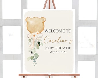 Panneau de bienvenue modifiable pour baby shower ours, ours en peluche baby shower bienvenue affiche sexe neutre ours brun ballon signe modèle imprimable 0292