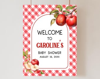 Editable Apple of Our Eye Baby Shower Welcome Sign, Apple of My Eye Fall Baby Shower Welcome Poster, Gingham Apple Baby Shower Sign, 01115