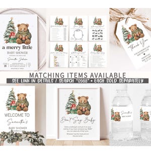 May include: A collection of baby shower stationery featuring a teddy bear in a sweater, a Christmas tree, and gift boxes. Includes invitations, games, a welcome sign, water bottle labels, and a thank you tag. The text reads "a merry little BABY SHOWER".