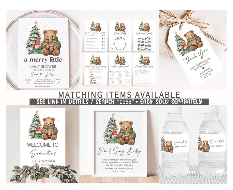 May include: A collection of baby shower stationery featuring a teddy bear in a sweater, a Christmas tree, and gift boxes. Includes invitations, games, a welcome sign, water bottle labels, and a thank you tag. The text reads "a merry little BABY SHOWER".