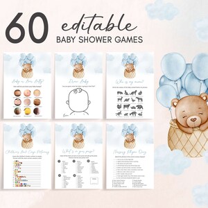 Editable Bear Hot Air Balloon Baby Shower Games Bundle, We Can Bearly Wait Baby Shower Game Pack, Boy Boho Bear Baby Shower Games, 0695 image 1