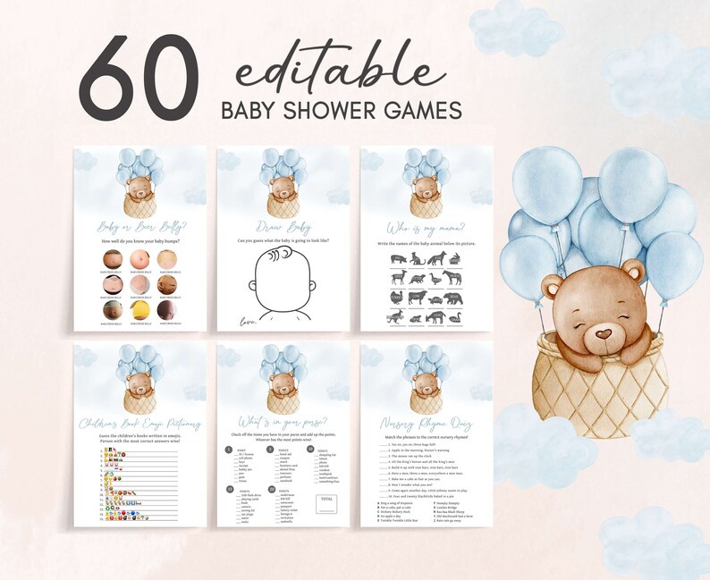 Editable Bear Hot Air Balloon Baby Shower Games Bundle, We Can Bearly Wait Baby Shower Game Pack, Boy Boho Bear Baby Shower Games, 0695 image 1