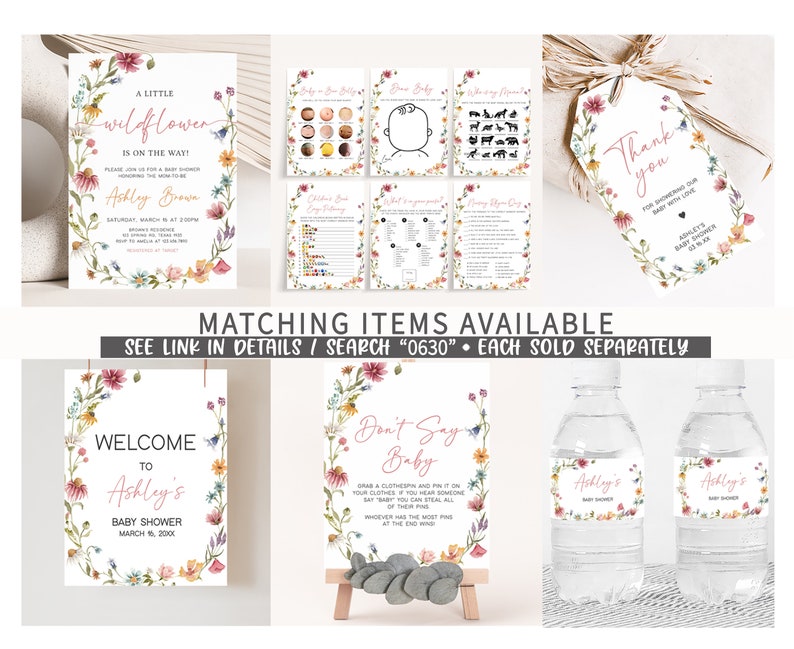 May include: A set of printable baby shower decorations with a floral theme. The decorations include a welcome sign, a don't say baby sign, a thank you tag, and water bottle labels. The text on the signs reads "Welcome to Ashley's Baby Shower" and "Don't Say Baby".