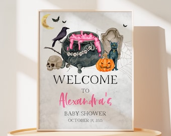 Edytowalny znak powitalny na przyjęcie z okazji Halloween z motywem „Baby is Brewing”, plakat powitalny z motywem czarownicy na przyjęciu z okazji Halloween, różowy znak powitalny na przyjęcie z okazji Halloween z dziewczynką, dekoracja 0438