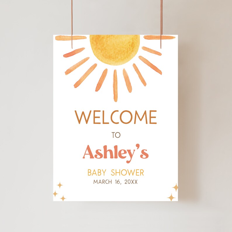 Editable Sunshine Baby Shower Welcome Sign, Here Comes the Son Baby Shower Welcome Poster, Retro Sun Baby Shower, Boy Boho Sunshine, 0640 image 1