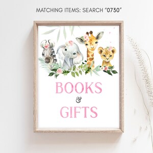 Mädchen Safari Baby Shower Bücher und Geschenke Schild, Floral Jungle Baby Shower Geschenke Schild, Rosa Blumen Blumendschungel Safrai Tiere Baby Shower Schild, 0730