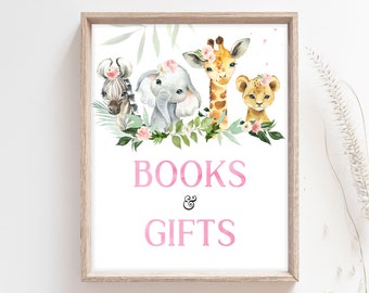 Girl Safari Baby Shower Books and Gifts Sign, Floral Jungle Baby Shower Gifts Sign, Pink Floral Jungle Safrai Animals Baby Shower Sign, 0730