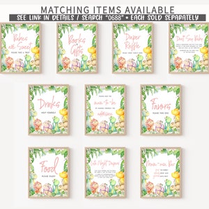 May include: Nine printable signs with a jungle theme featuring dinosaurs and greenery. The signs have text that says "Babies are Sweet", "Books & Gifts", "Diaper Raffle", "Don't Say Baby", "Drinks", "Please Help the Mom-to-be", "Favors", "Food", "Late Night Diapers", and "Mom-osa Bar".