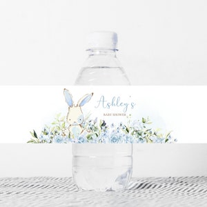 Editable Boy Bunny Baby Shower Bottle Label, Blue Floral Bunny Rabbit Baby Shower Water Labels, A Little Bunny Boy Bottle Stickers, 0717 image 1