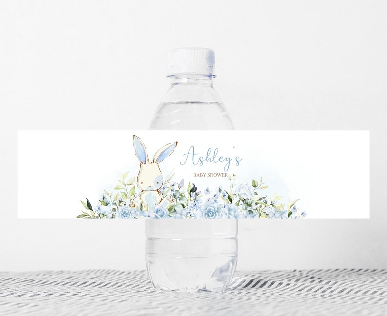 Editable Boy Bunny Baby Shower Bottle Label, Blue Floral Bunny Rabbit Baby Shower Water Labels, A Little Bunny Boy Bottle Stickers, 0717 image 1