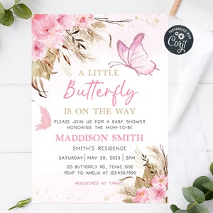 May include: A pink and gold baby shower invitation featuring a butterfly design. The invitation reads "A Little Butterfly is on the Way" and includes the name "Maddison Smith".