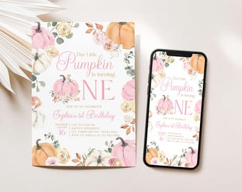 Editable Our Little Pumpkin First Birthday Invitation, Pink Pumpkin 1st Birthday Invite, Girl Floral Pumpkin Fall Birthday Invite, 100BD