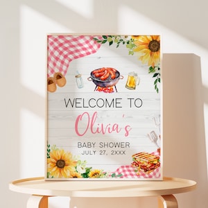 Bearbeitbares Sonnenblumen-Rosa-Baby-Q-Babyparty-Willkommensschild, Mädchen-Grill-Babyparty-Willkommensplakat, Blumen-Hinterhof-Picknick-Babyparty-Schild, 0820