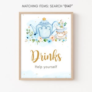 Tea Party Baby Shower Drinks Sign, Floral Blue Gold Tea Baby Shower Drinks Decor, Baby is Brewing Boy Baby Shower Printable Template 0147