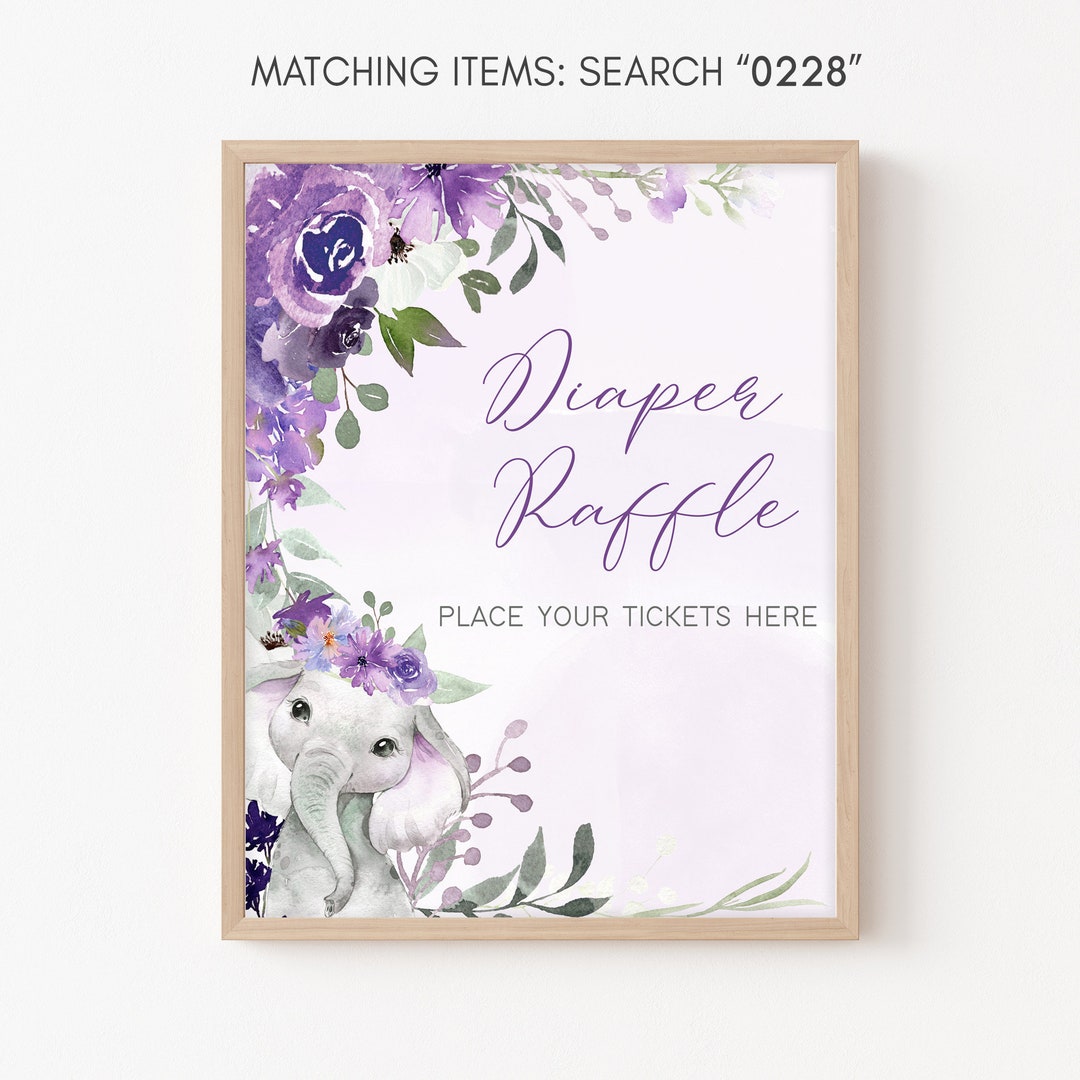 Diaper Raffle Sign Purple Elephant Baby Shower, Lavender Floral Baby ...