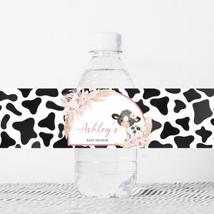 Étiquette de biberon modifiable vache rose, étiquette d'eau de douche de bébé vache sacrée fille, autocollants floral bohème pour bouteille d'eau ferme vache Highland, 0662