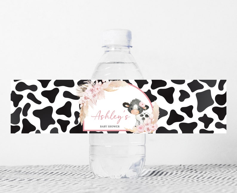 Editable Pink Cow Baby Shower Bottle Label, Girl Holy Cow Baby Shower Water Label, Boho Floral Highland Cow Farm Water Bottle Stickers, 0662 image 1