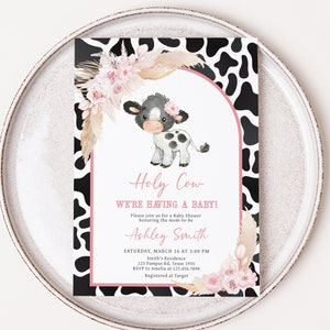 Edytowalne Różowe Krowy Baby Shower Zaproszenie, Dziewczęce Święte Krowy Baby Shower Zaproszenie, Boho Highland Cow Farm Baby Shower Zaproszenie Szablon, 0662